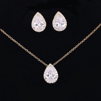 BROOCHITON jewelery Gold Water drop zircon earrings necklace set
