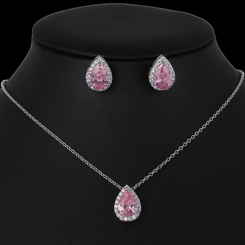 BROOCHITON jewelery Pink Water drop zircon earrings necklace set