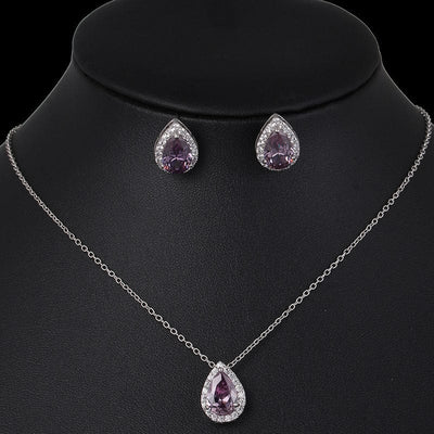 BROOCHITON jewelery Purple Water drop zircon earrings necklace set
