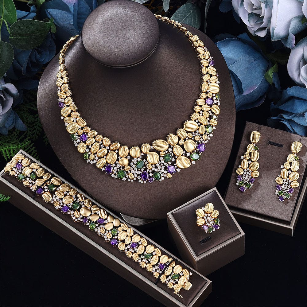 BROOCHITON Zircon Necklace & Earrings purple wedding Set