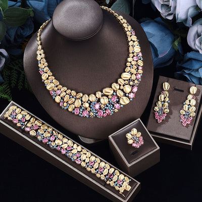 BROOCHITON Zircon Necklace & Earrings pink wedding Set