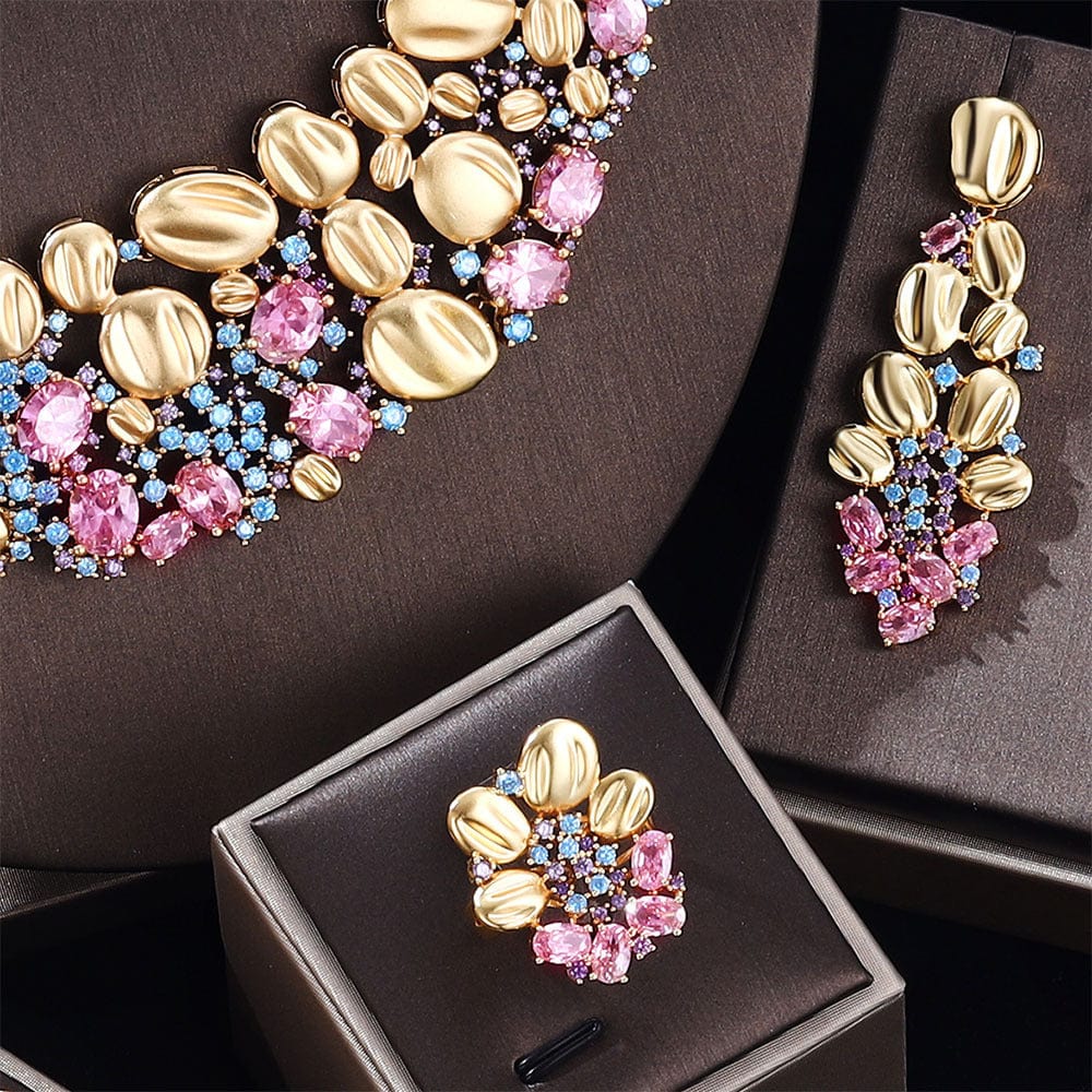 BROOCHITON Bridal Jewelry Set Pink Women's Wedding Party Zircon Necklace Earrings Set of 4