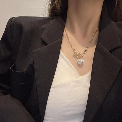 BROOCHITON Necklaces Gold Women's Hip Hop Pearl Heart Necklace