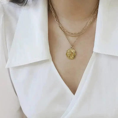 woman wearing gold Women's Three Layered European American Necklace