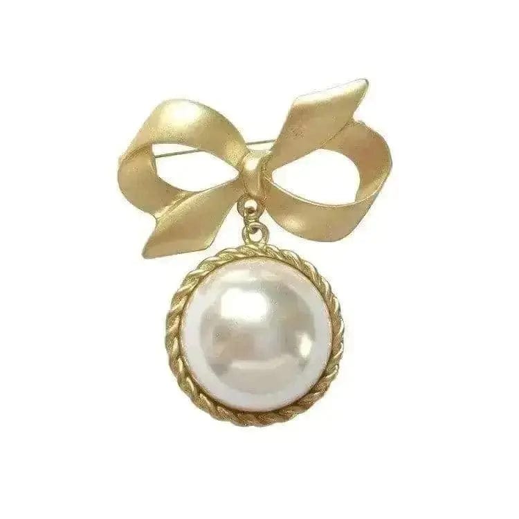 BROOCHITON Brooches matt gold bow big pearl brooch on a white background