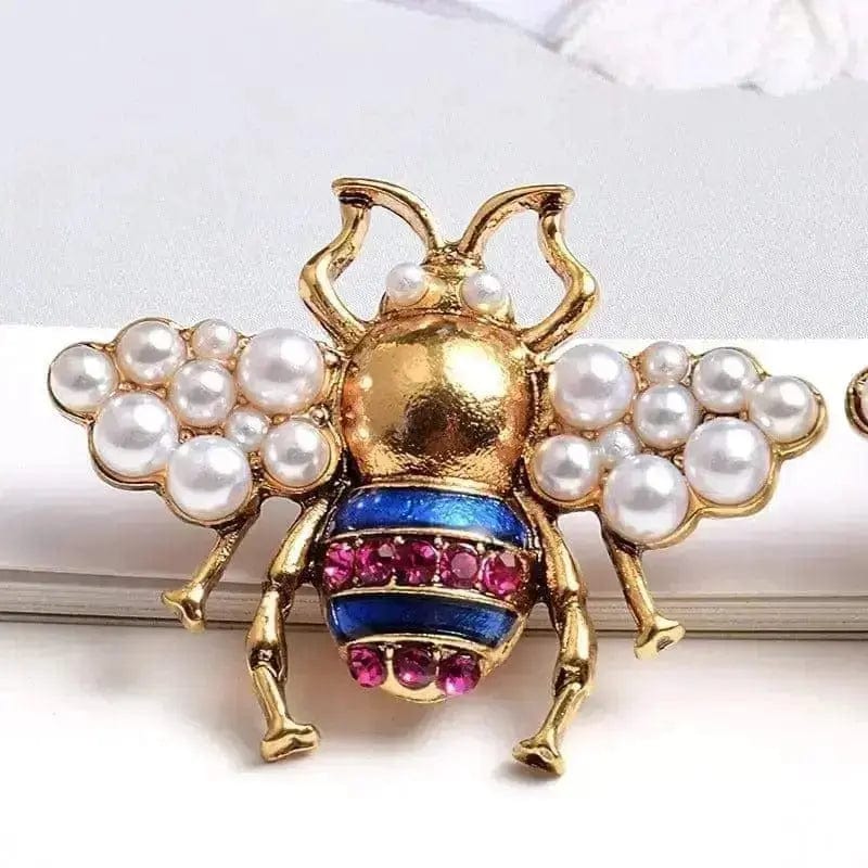BROOCHITON Earings Color Crystal Pearl Bee Earrings closeup view