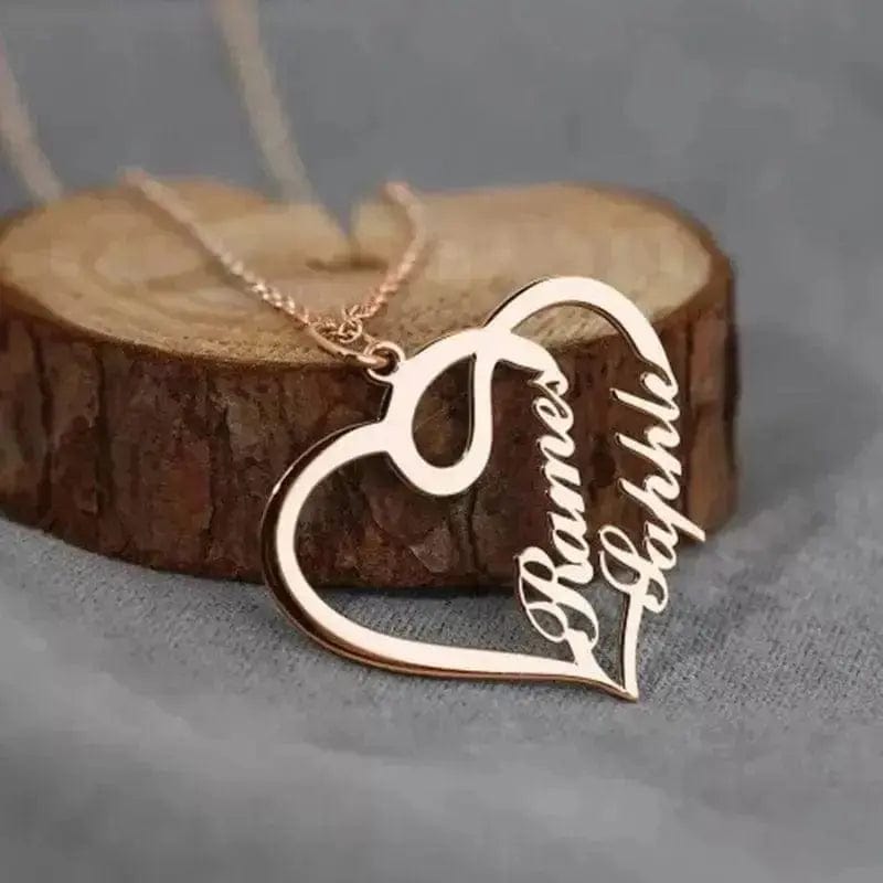 BROOCHITON Necklaces Rose Gold 925Silver Double Heart Personalized Necklace agaist a piece of wood