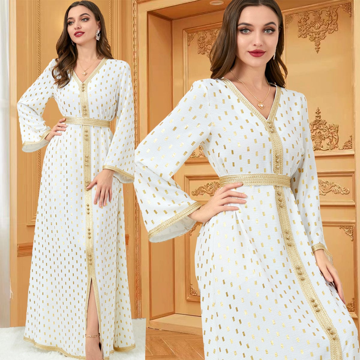 double view of a woman wearing White long sleeve gold dress