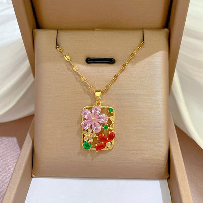 BROOCHITON titanium flower diamond necklace in a jewlry box