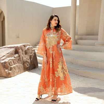 Orange Middle Eastern Sequin Dress Light Luxury Party Dress full length front view