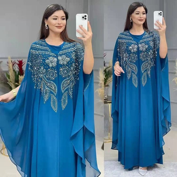double view of a woman wearing a blue arabian robe plus size long dress gown full length and partial length and holding a phone