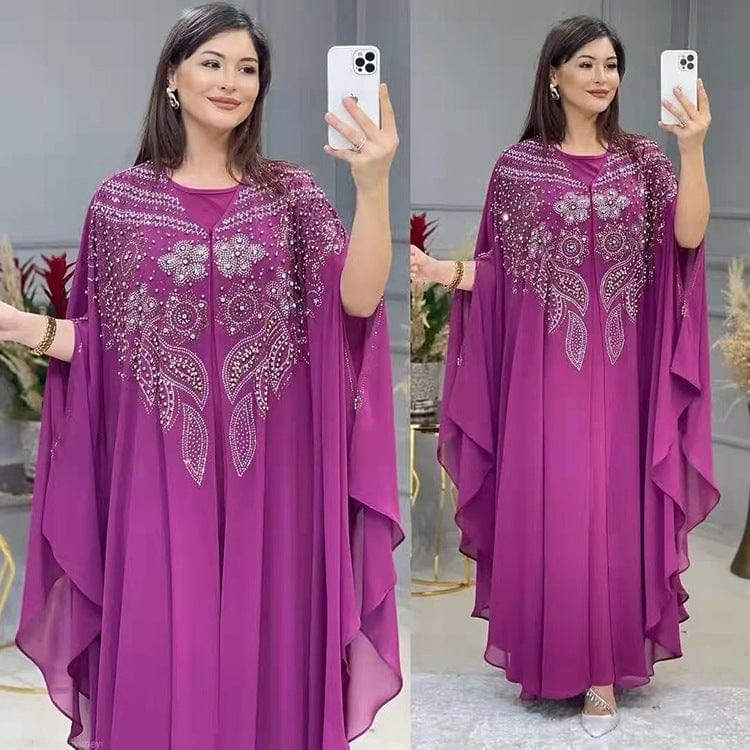 double view of a woman wearing a purple arabian robe plus size long dress gown full length and partial length and holding a phone