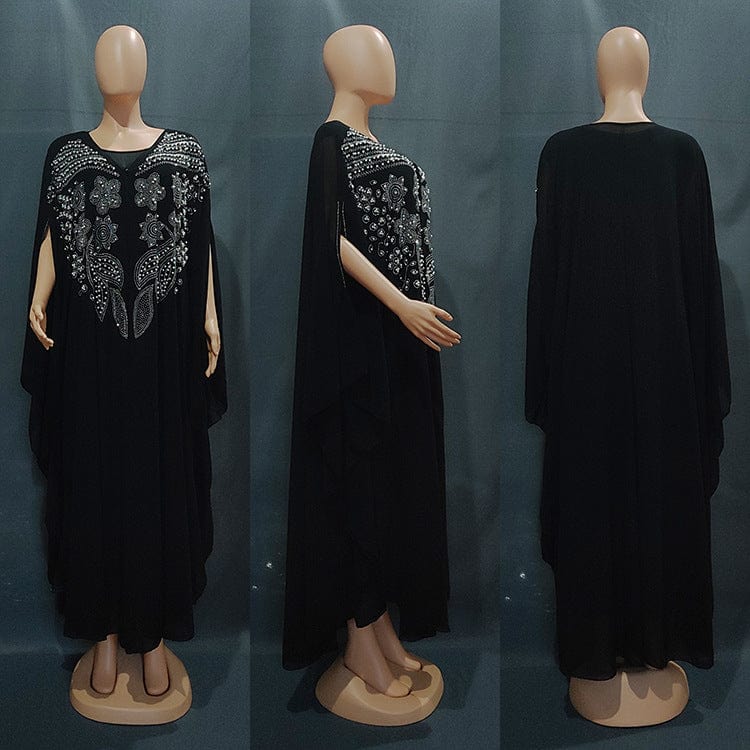 friple view  front back and profile view of a black arabian robe plus size long dress gown full length on a manikan