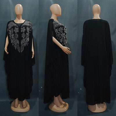 friple view  front back and profile view of a black arabian robe plus size long dress gown full length on a manikan