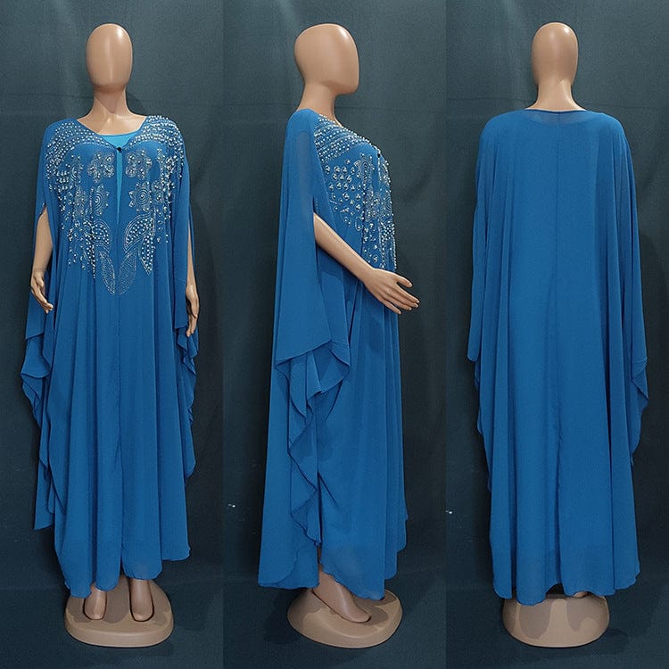 friple view front back and profile of a blue arabian robe plus size long dress gown full length on a manikan