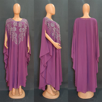 friple view front back and profile of a purple arabian robe plus size long dress gown full length on a manikan