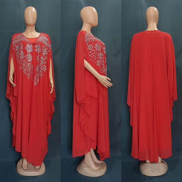 friple view front back and profile of a red arabian robe plus size long dress gown full length on a manikan