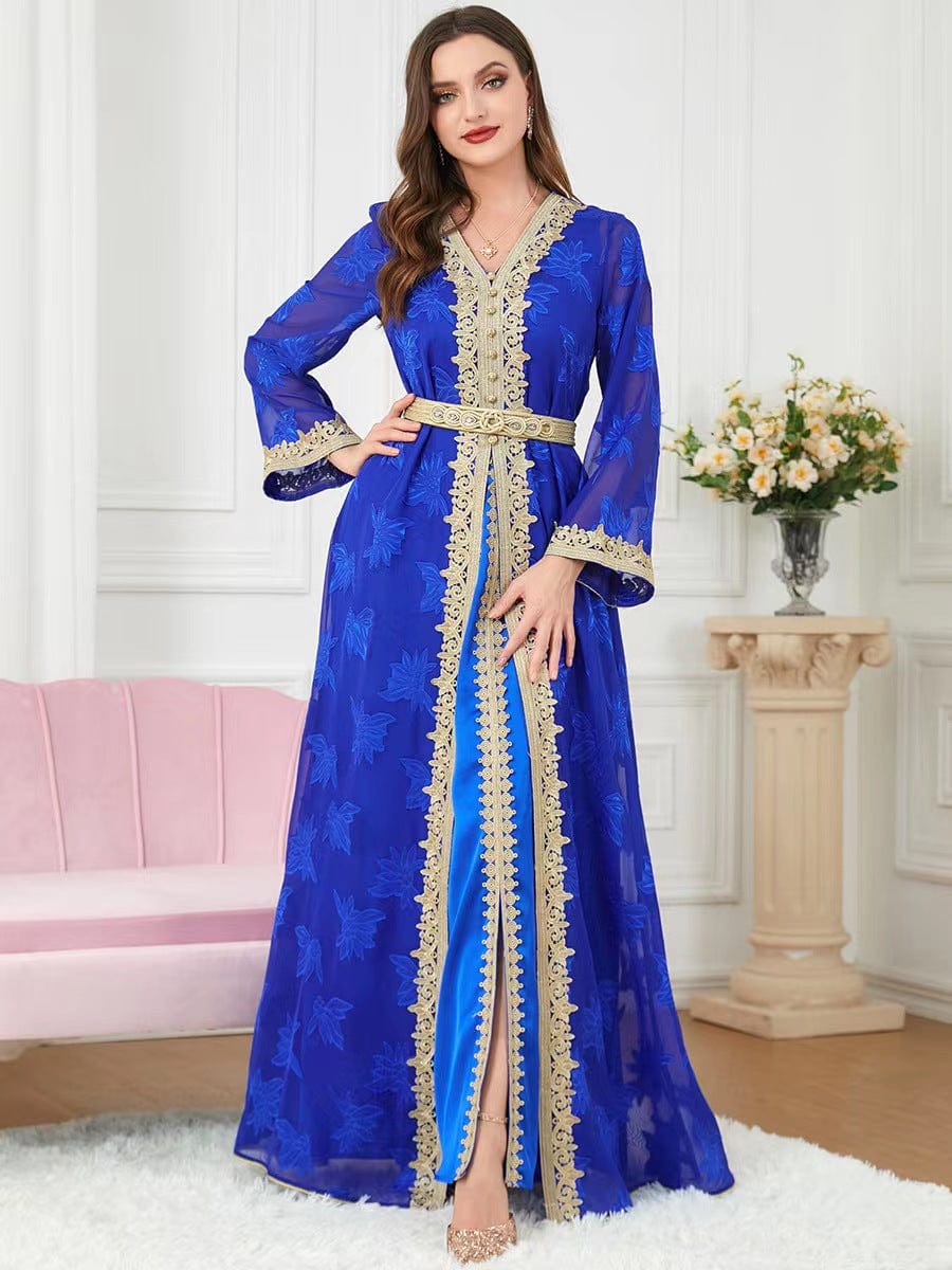 a woman wearing a blue new national style embroidered v-neck dress full length view