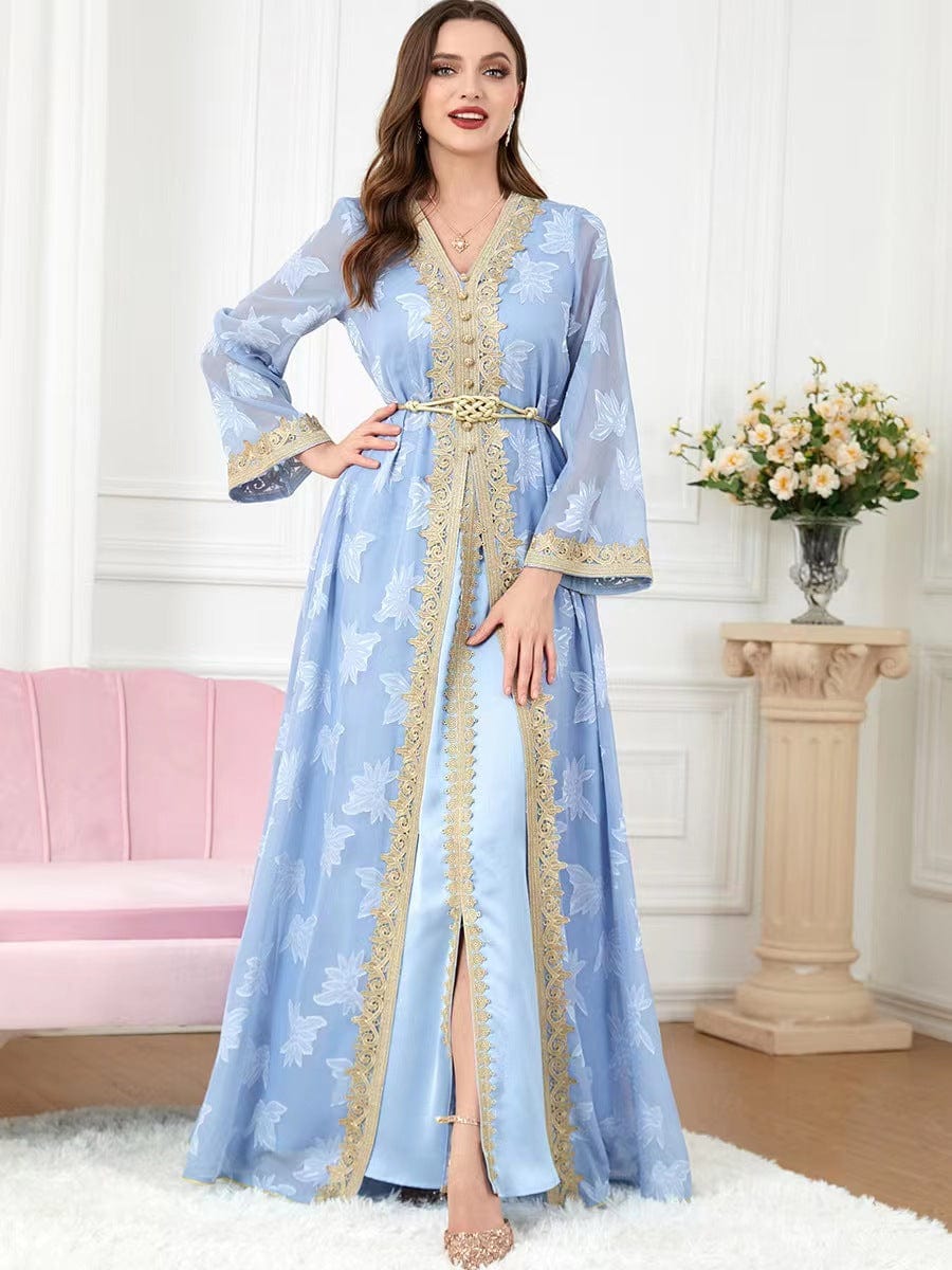 a woman wearing a light blue new national style embroidered v-neck dress full length view