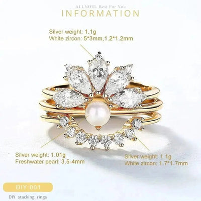 BROOCHITON Ring Pearl White Zircon Combination Silver Ring