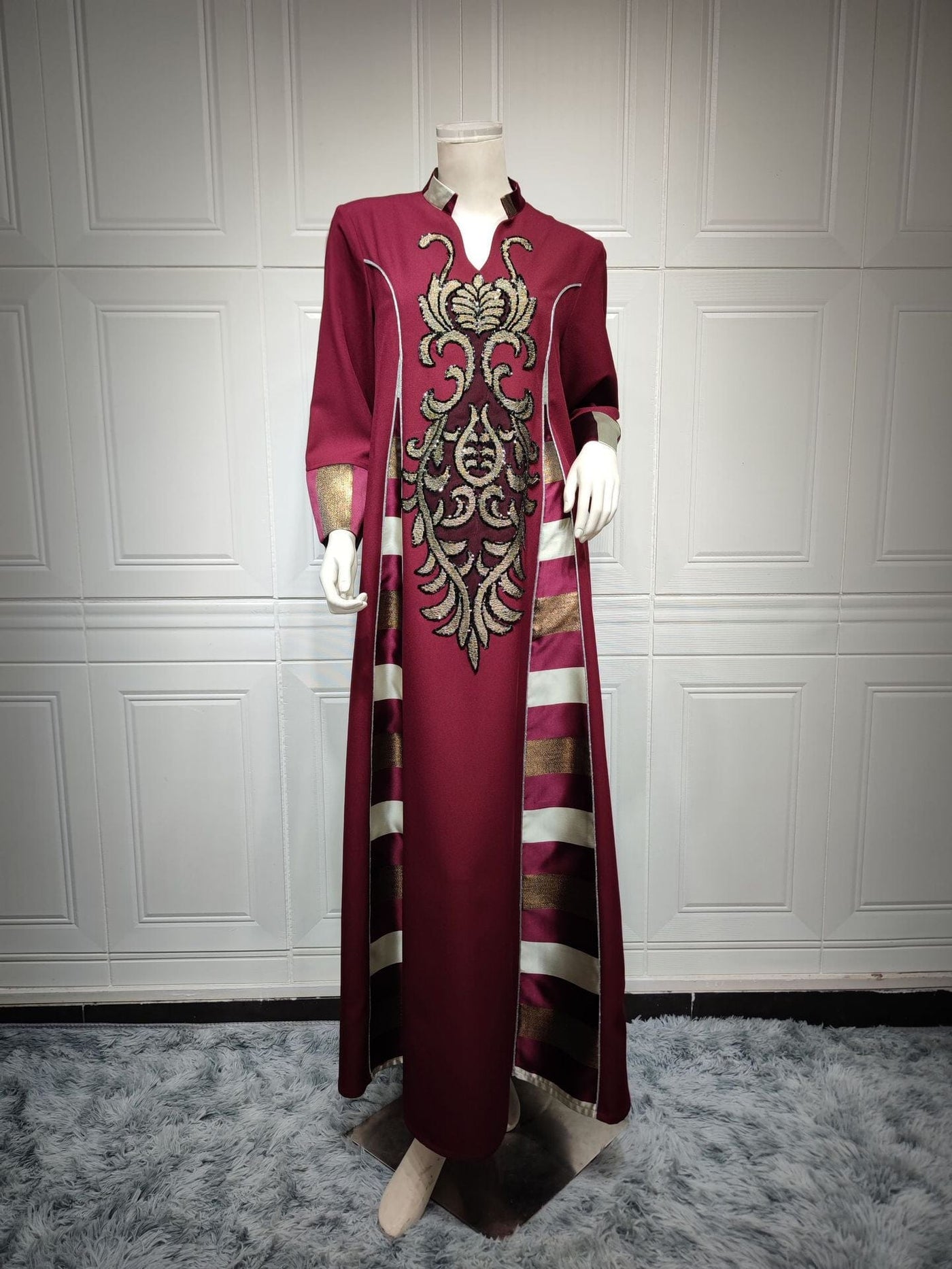 BROOCHITON abbaya ramada Jujube red / 2XL Women's Fashionable Embroidered Long Dress