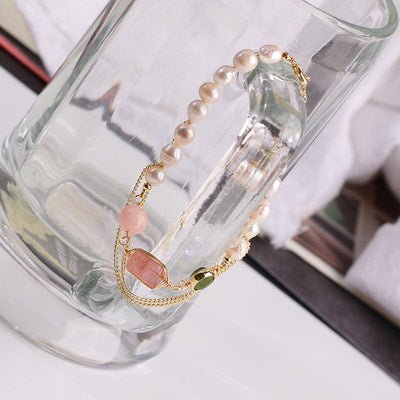 BROOCHITON Bracelets Pink Women's Natural Freshwater Pearl Strawberry Crystal Bracelet