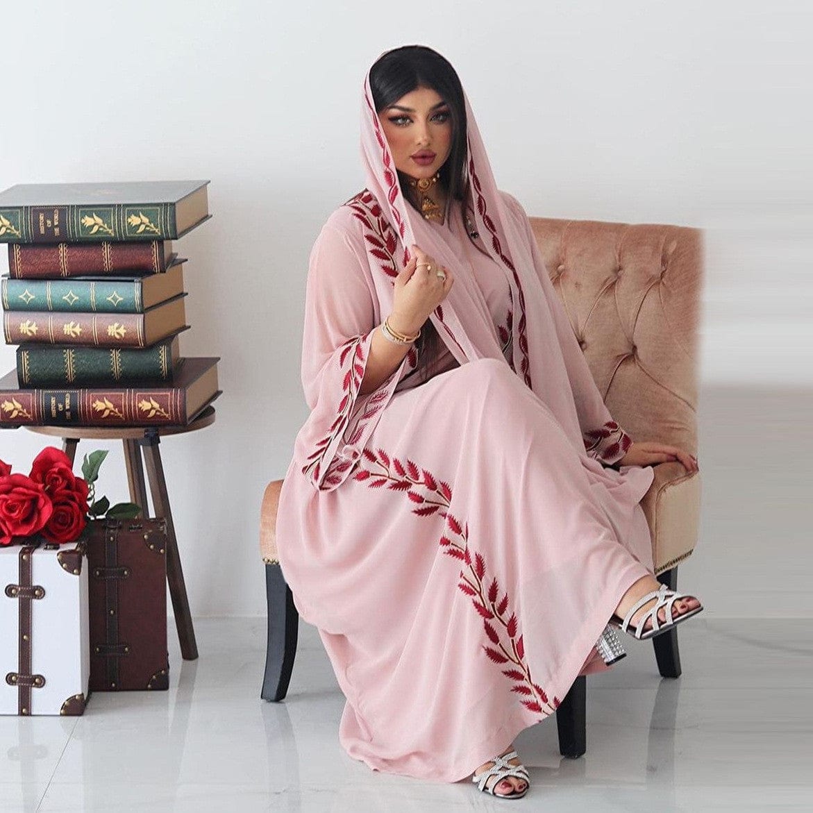 BROOCHITON abbaya ramada Women's Temperament Fashion Embroidery V-neck Dress