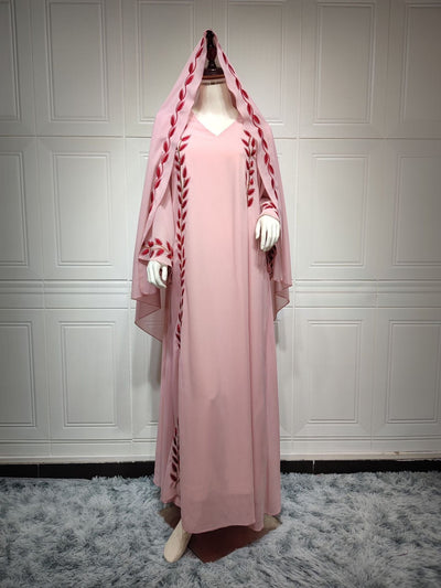 BROOCHITON abbaya ramada Pink / 2XL Women's Temperament Fashion Embroidery V-neck Dress