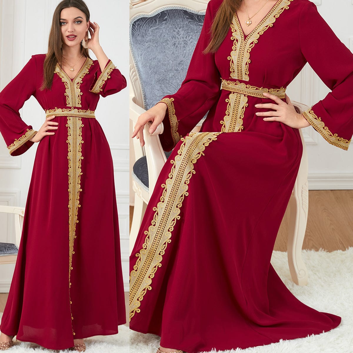 double view of a woman wearing red solid color embroidery long-sleeved dress