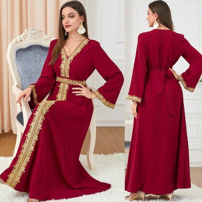 double view back and front of a woman wearing a red solid color embroidery long-sleeved dress