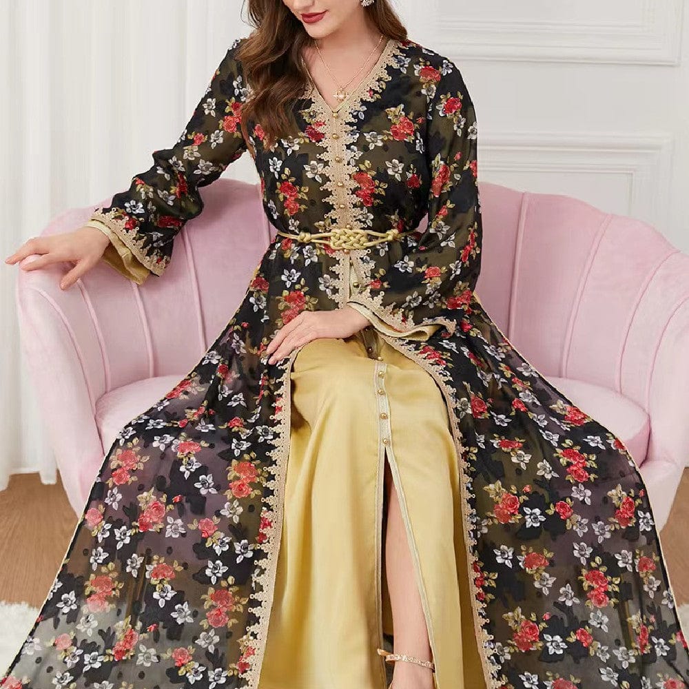 a women werring the women's v-neck fashion dress and sitting on a pink couch